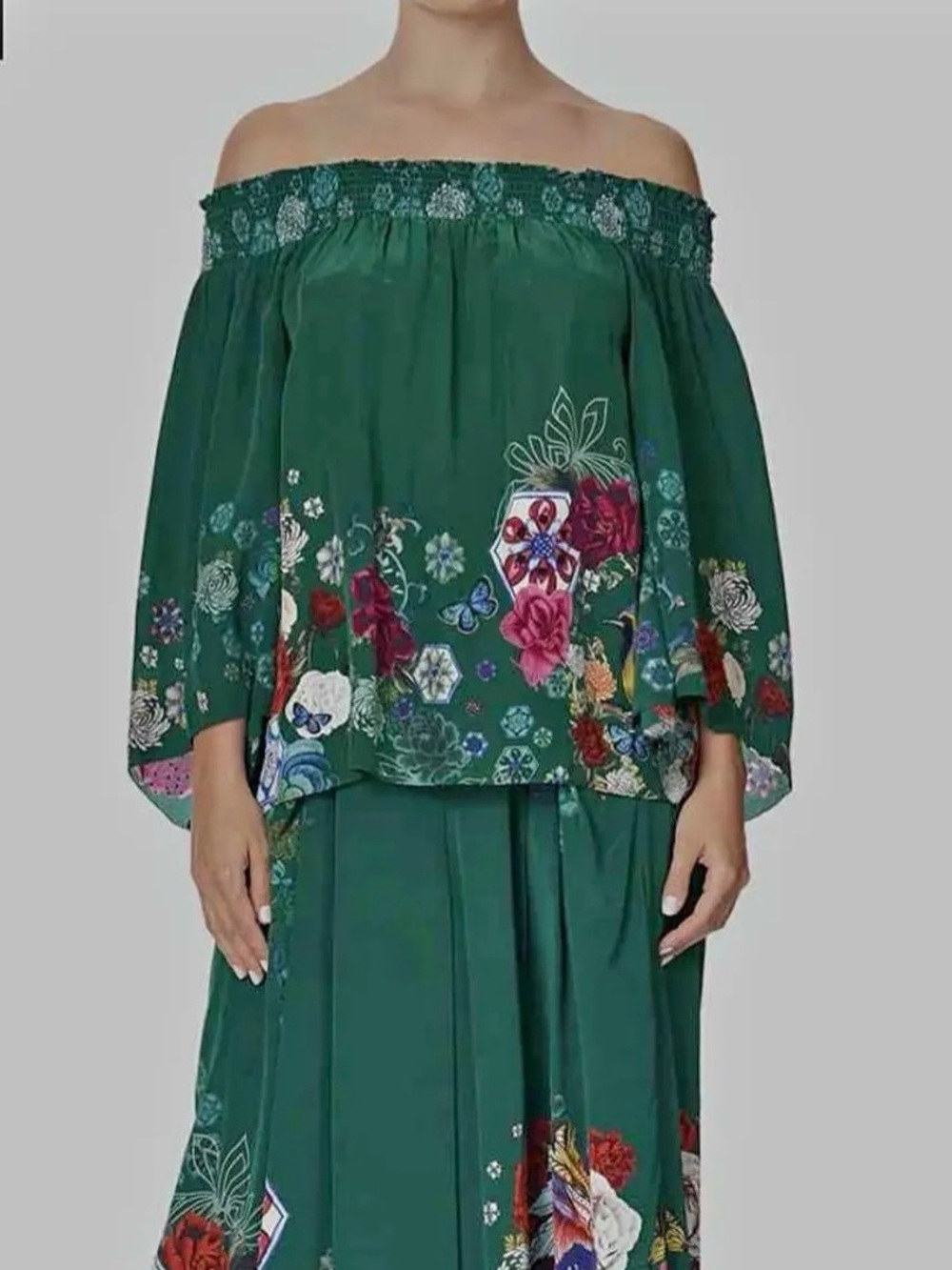 CAMILLA “Emerald’s Orbit” green floral silk off shoulder boho blouse top XS